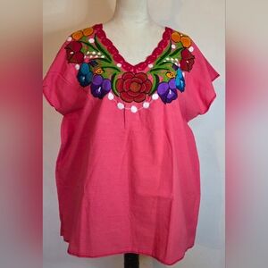 Floral Embroidered Coral Mexican Blouse V-neck Sleeveless Handmade